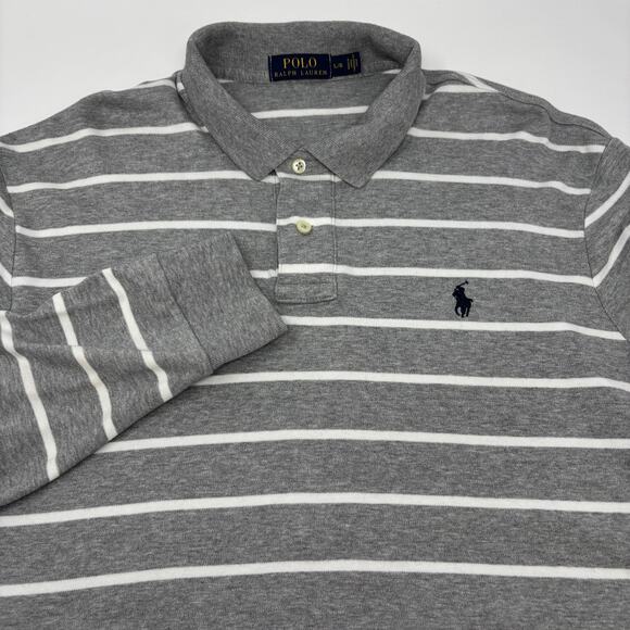 Polo Ralph Lauren Large Gray White Striped Long Sleeve Cotton Polo Shirt - Picture 1 of 6